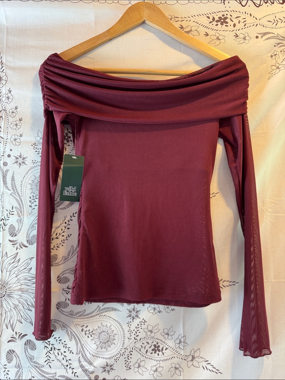wild fable Burgundy Sheer Cowl-Neck Long Sleeve Top